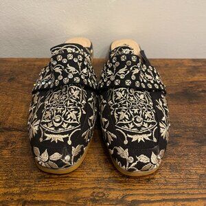 Montana West Black Embroidered Canvas Rhinestone Mule Slides